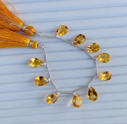 10 Pcs Natural Citrine Faceted Pear Cut Beads 7x10mm | Face Drill Gemstone for Earrings