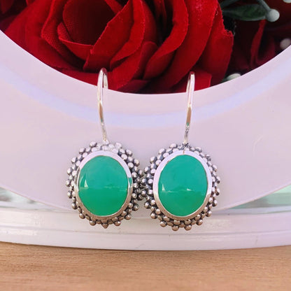 Natural Chrysoprase Silver Earrings, Green Stone Oval Shape Earrings, Statement Silver Earrings, Birthday Gift For Her, E-0010