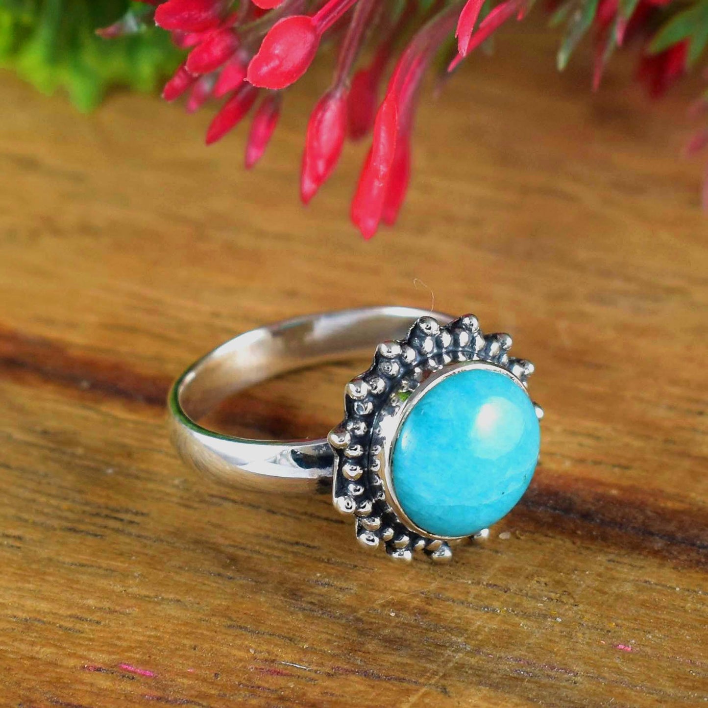 Round Aqua Blue Amazonite Bezel Ring in 925 Sterling Silver