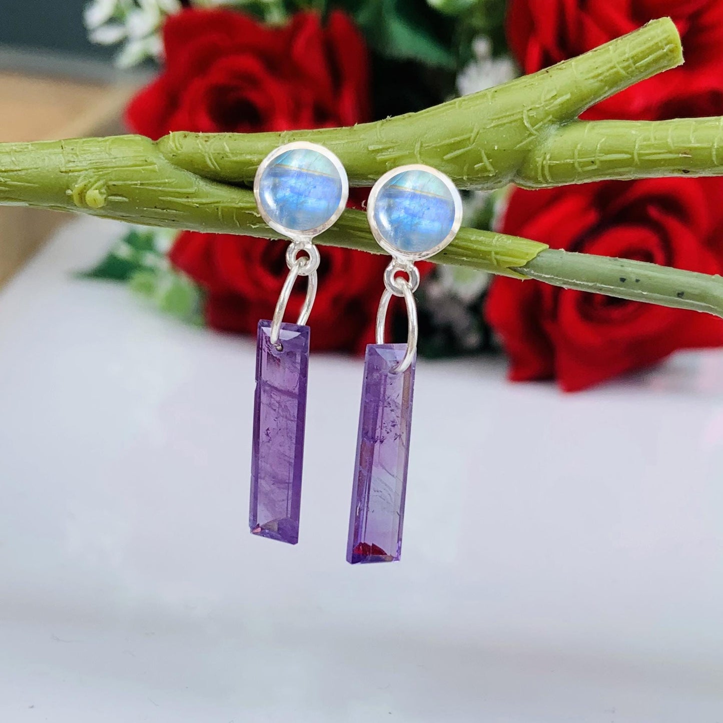 Handcrafted Moonstone Studs with Dangling Amethyst Crystal Pillars ~ Long Earrings ~ Silver and Vermeil gold ~ Gift For Her Bridesmaid Gift