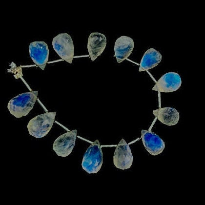 4 Inches Natural White Rainbow Buds Briolette Beads Blue Flashy Gemstone Faceted Flower Buds Size 5X9 MM To 6X10 MM   SKU - BBI712