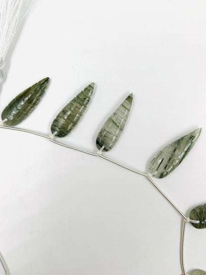 10 Pcs Natural Green rutile Leaf Shape Carved Gemstone Beads Briolette, Green rutile Gemstone for Jewelry Making Size 30x10x4mm gift for her