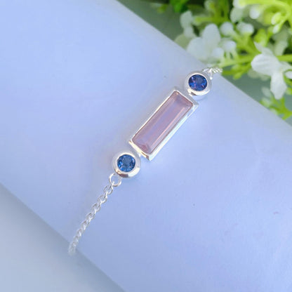 925 Sterling Silver Rose Quartz & Tanzanite Chain Bracelet - Gift for Her