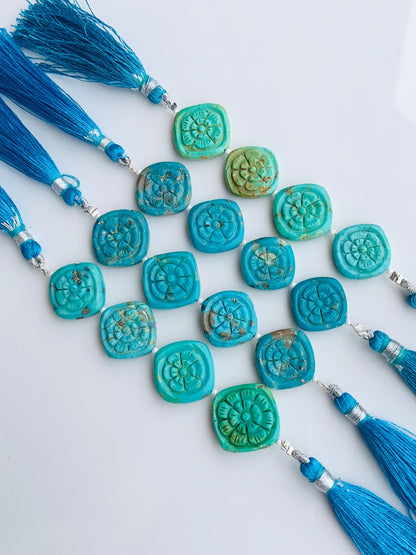 4 Pcs Arizona Turquoise Carved Flower Briolette Beads 17x17mm | Fancy Gemstone Beads