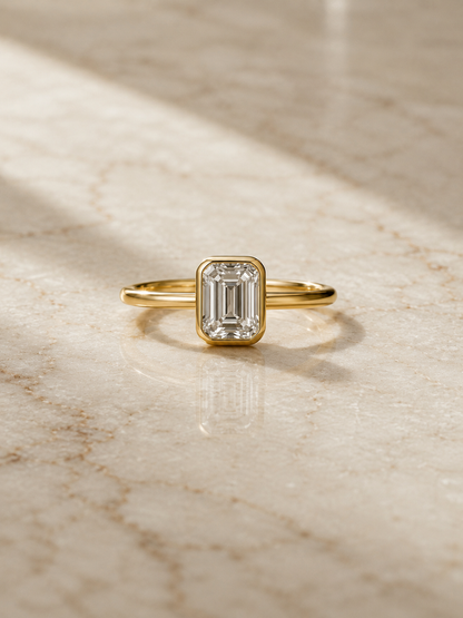 Octagon Cut Moissanite Bezel Ring – Solid Gold Solitaire Engagement Ring 9K 14K 18K – Step Cut Wedding Ring