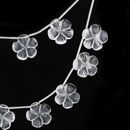 4 Pcs Natural Crystal Quartz Carved Flower shape Briolette Side Drill Beads ,Crystal Quartz Flower Shape Gemstone beads, clear quartz flower