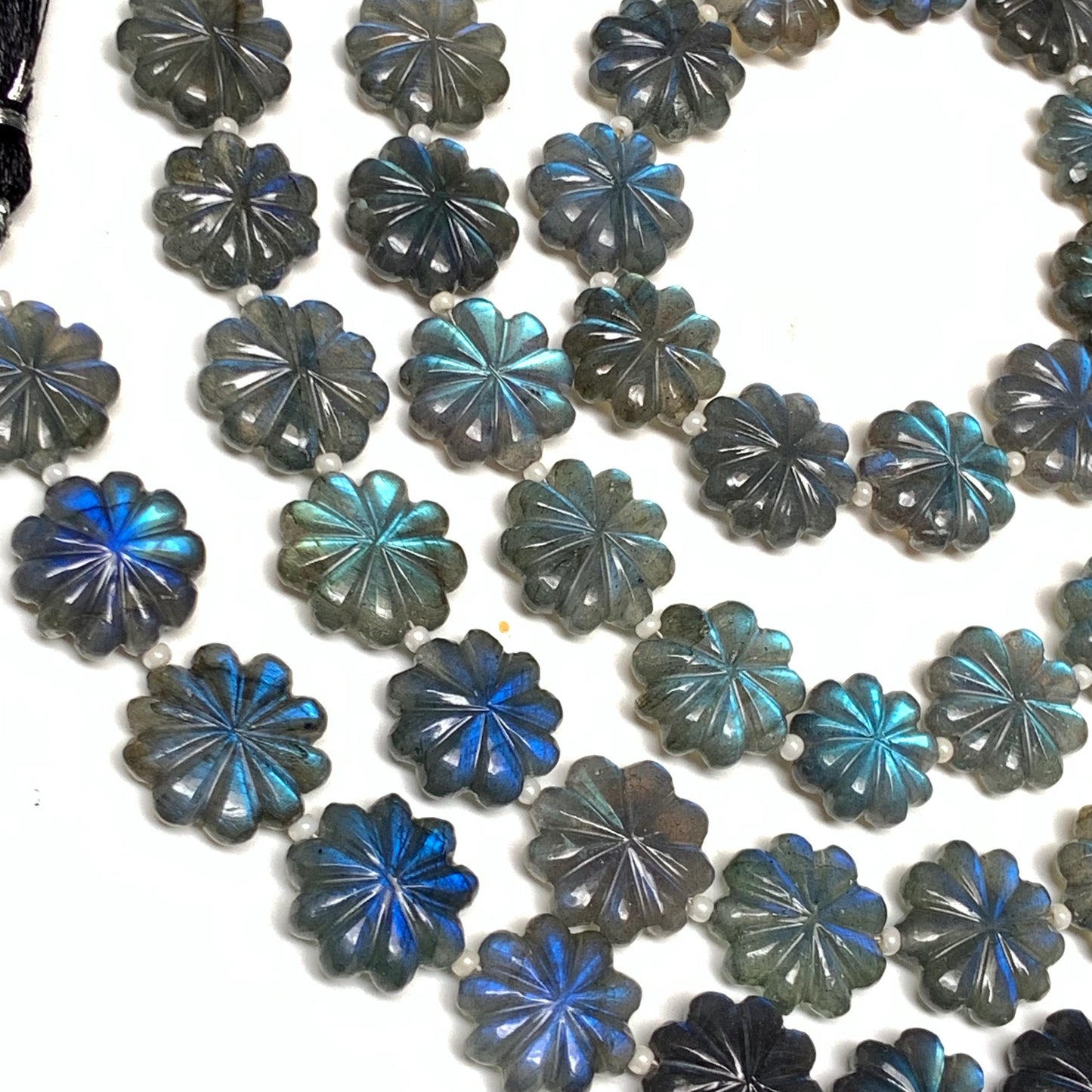 Natural Labradorite Flower Beads 10 Pcs - Blue Flash Carved Gemstone Briolette