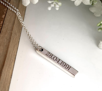 925 Silver Engraved Name Bar Necklace – Silver, Gold & Rose Gold