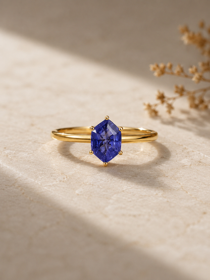 Lab Grown Tanzanite Engagement Ring in 14K Gold, Elongated Hexagon Solitaire