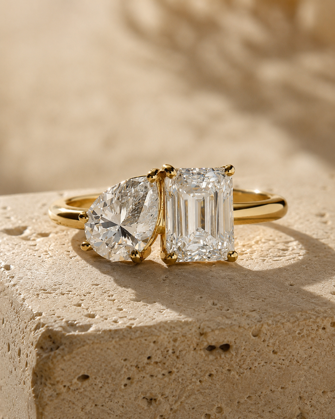 Toi Et Moi Engagement Ring - Pear & Emerald Cut Moissanite - Two Stone Solid Gold Wedding Ring
