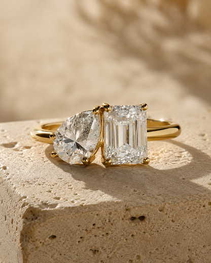 Toi Et Moi Engagement Ring - Pear & Emerald Cut Moissanite - Two Stone Solid Gold Wedding Ring