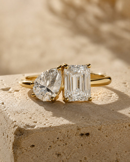 Toi Et Moi Engagement Ring - Pear & Emerald Cut Moissanite - Two Stone Solid Gold Wedding Ring