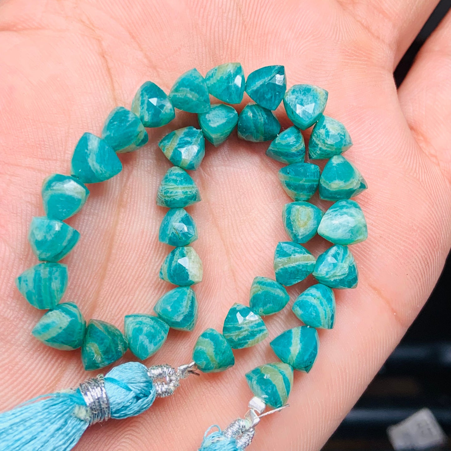 Natural Amazonite Faceted Briolette Trillion Shape gemstone beads, Straight Drilled, 8 Inches Strand, Size 6mm BBI948
