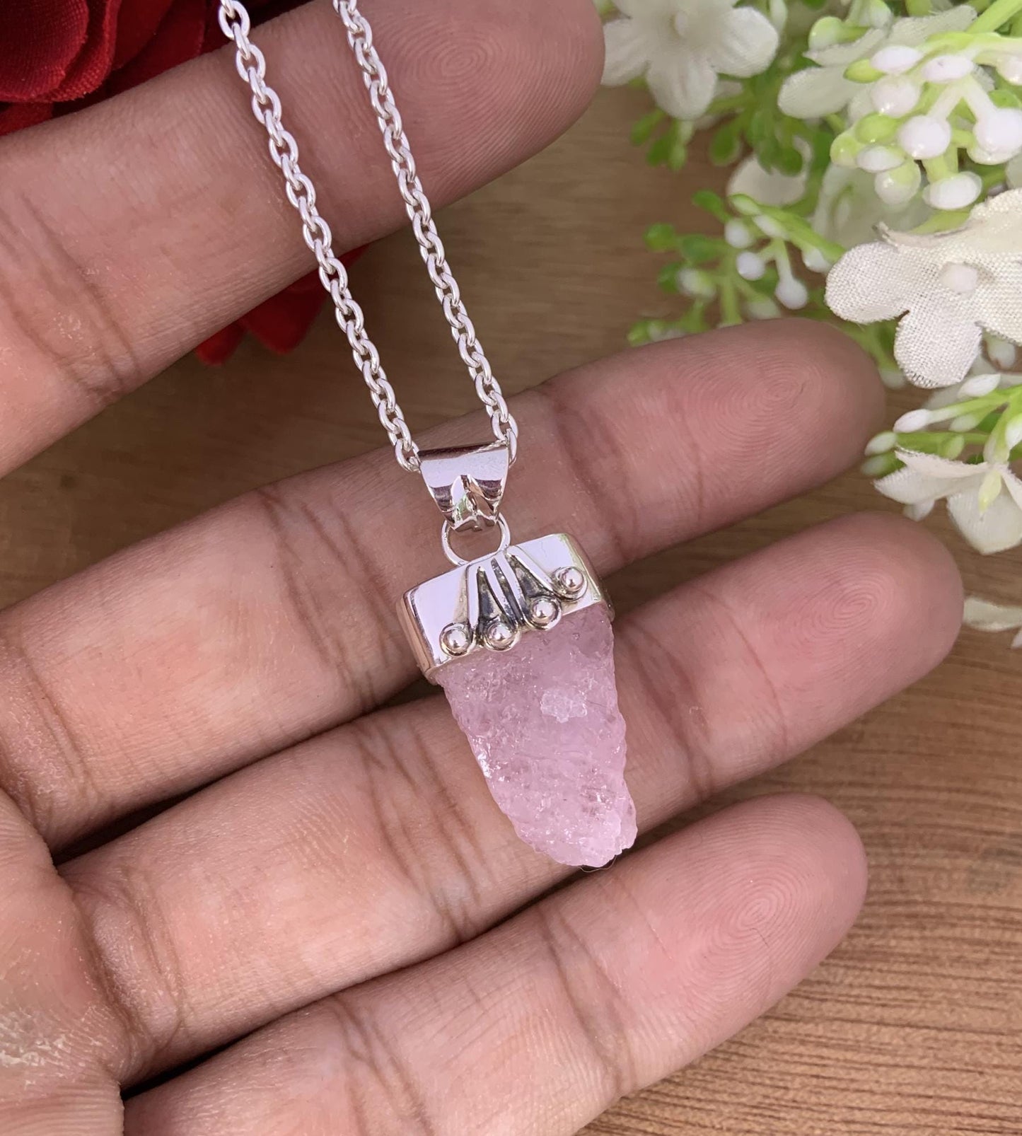 Rough Pink Morganite Necklace – Handmade Dainty Silver Jewelry