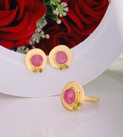 Rosecut Ruby Stud Earrings ~ Vermeil Gold and Silver Earrings ~ Ruby and Green Tourmaline ~ Dainty Stud Earrings ~ Handmade Jewelry ~ E-0048
