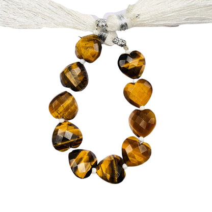 Natural Tiger Eye Heart Gemstone Beads – 10pcs Faceted & Hand Carved