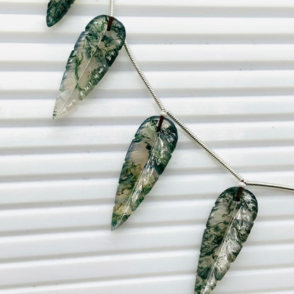 10 Pieces Natural Moss Agate Leaf Shape Carved Briolette Beads