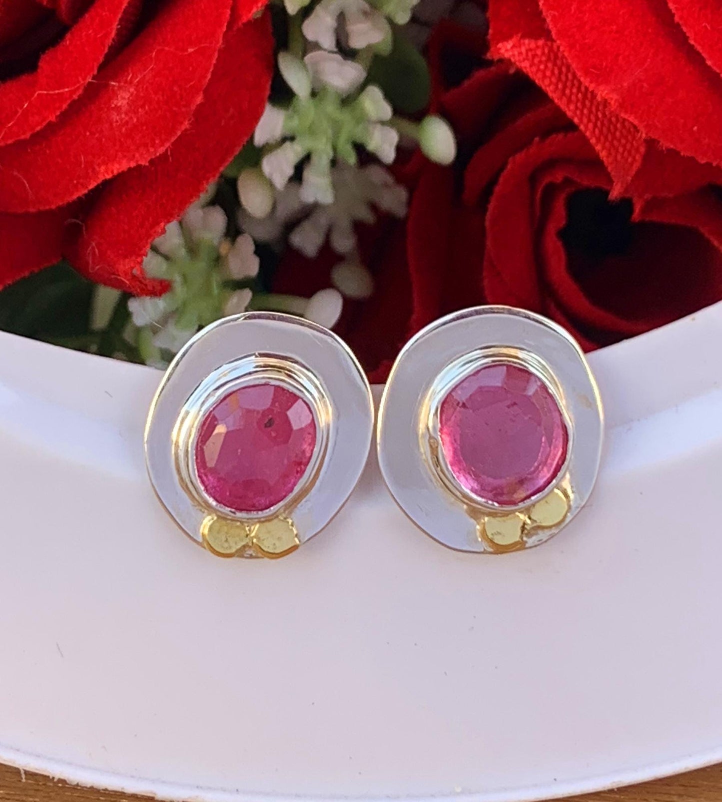 Ruby Studs Earrings ~ Minimalist Silver Stud Earrings ~ Rustic artisan jewelry ~ Pink Ruby Birthstone Earrings ~ Gift For Her ~ E-0047