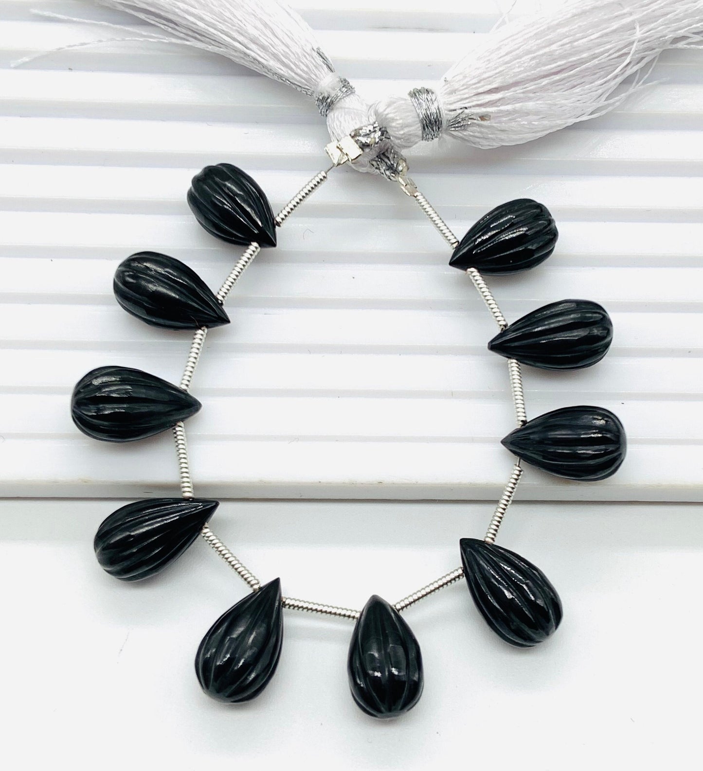 Natural  Black Onyx Teardrop Beads 14x8mm – 10pcs Carved Faceted Drops Briolette