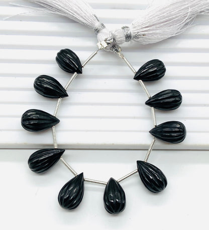 Natural  Black Onyx Teardrop Beads 14x8mm – 10pcs Carved Faceted Drops Briolette