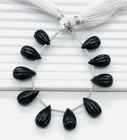 Natural  Black Onyx Teardrop Beads 14x8mm – 10pcs Carved Faceted Drops Briolette