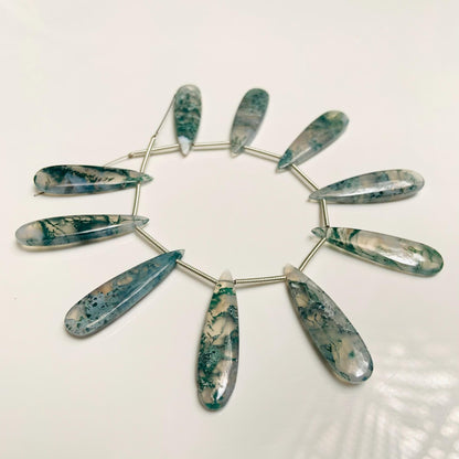 10 Pieces Natural Moss agate Smooth Long Pear Shape Side drill Gemstone, Size 8x30mm, Matching Pair Briolette, Earring Making gemstone beads