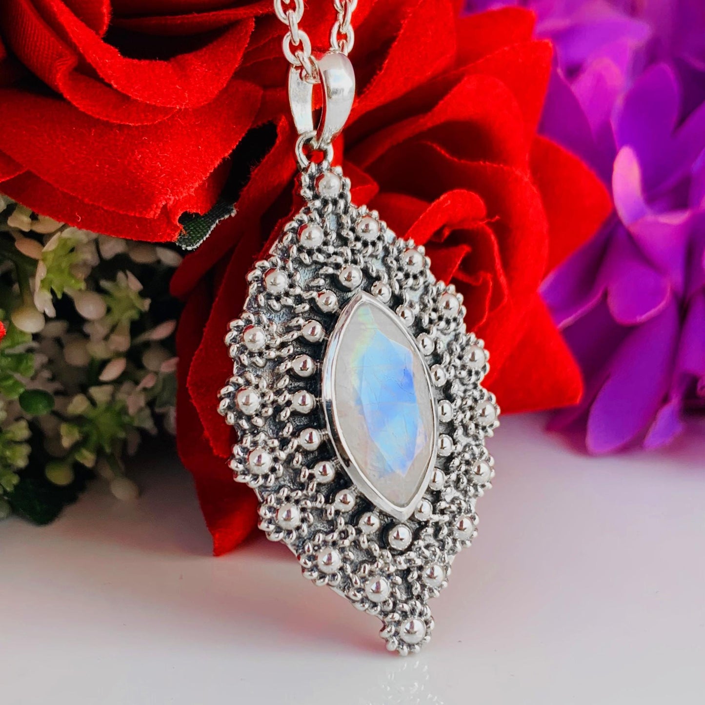 Rainbow moonstone Boho Silver Jewelry ~ Handmade Designer Jewelry ~ Ornate Style Silver Pendant ~ Gift For Her ~ P-0021