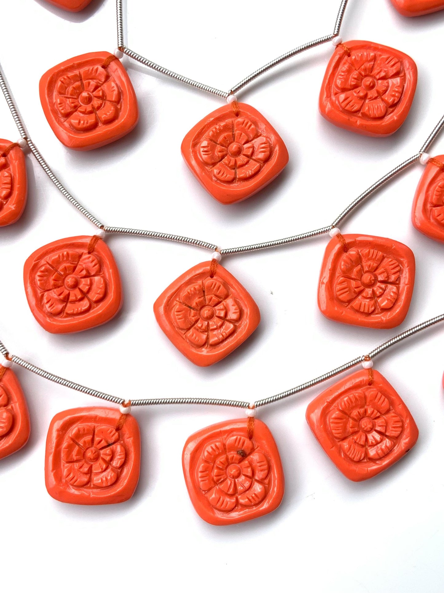 Red Coral Carved Cushion Flower Briolette Beads – 8pcs 17x17x5mm