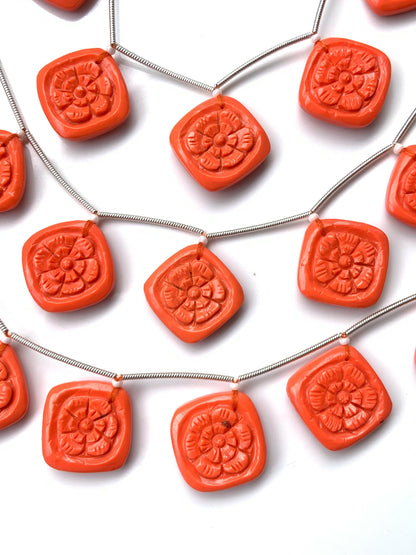 Red Coral Carved Cushion Flower Briolette Beads – 8pcs 17x17x5mm