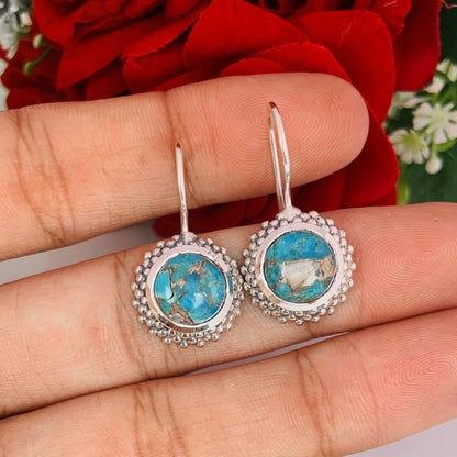Blue copper Turquoise Sterling Silver earrings ~ Boho Silver Jewelry ~ Round blue turquoise ~ Gift For Her ~ E-0014