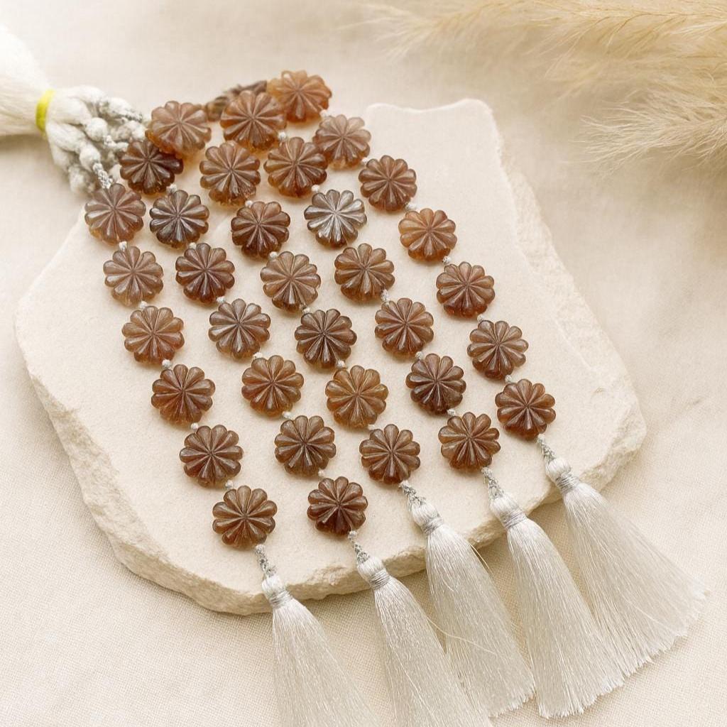 10 Pieces Natural Chocolate moonstone Carved Flower gemstone Fancy shape Slot Carved Briolette beads for jewelry making Size 14mm to 15mm