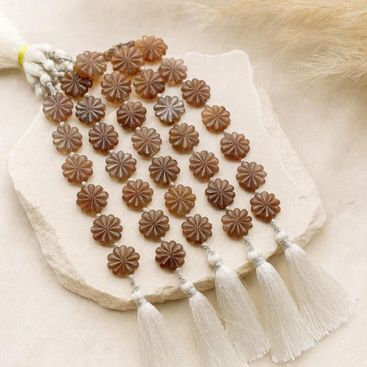 10 Pieces Natural Chocolate moonstone Carved Flower gemstone Fancy shape Slot Carved Briolette beads for jewelry making Size 14mm to 15mm