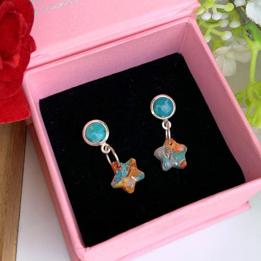 Turquoise & Oyster Copper Star Dangle Earrings – Sterling Silver Handmade Boho Jewelry