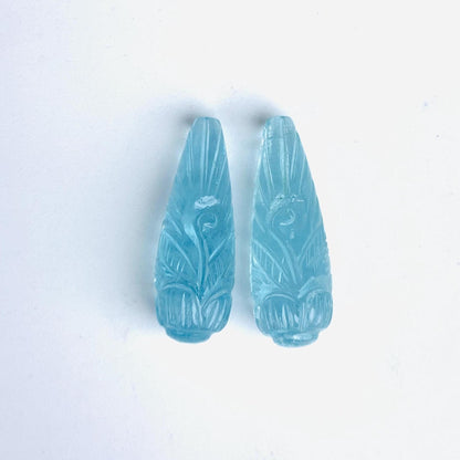 1 Pair Natural Aquamarine Hand Carved Drop Shape Briolette Beads, Handmade Matching Pair beads, Earring Making Gemstone Size - 9x26mm