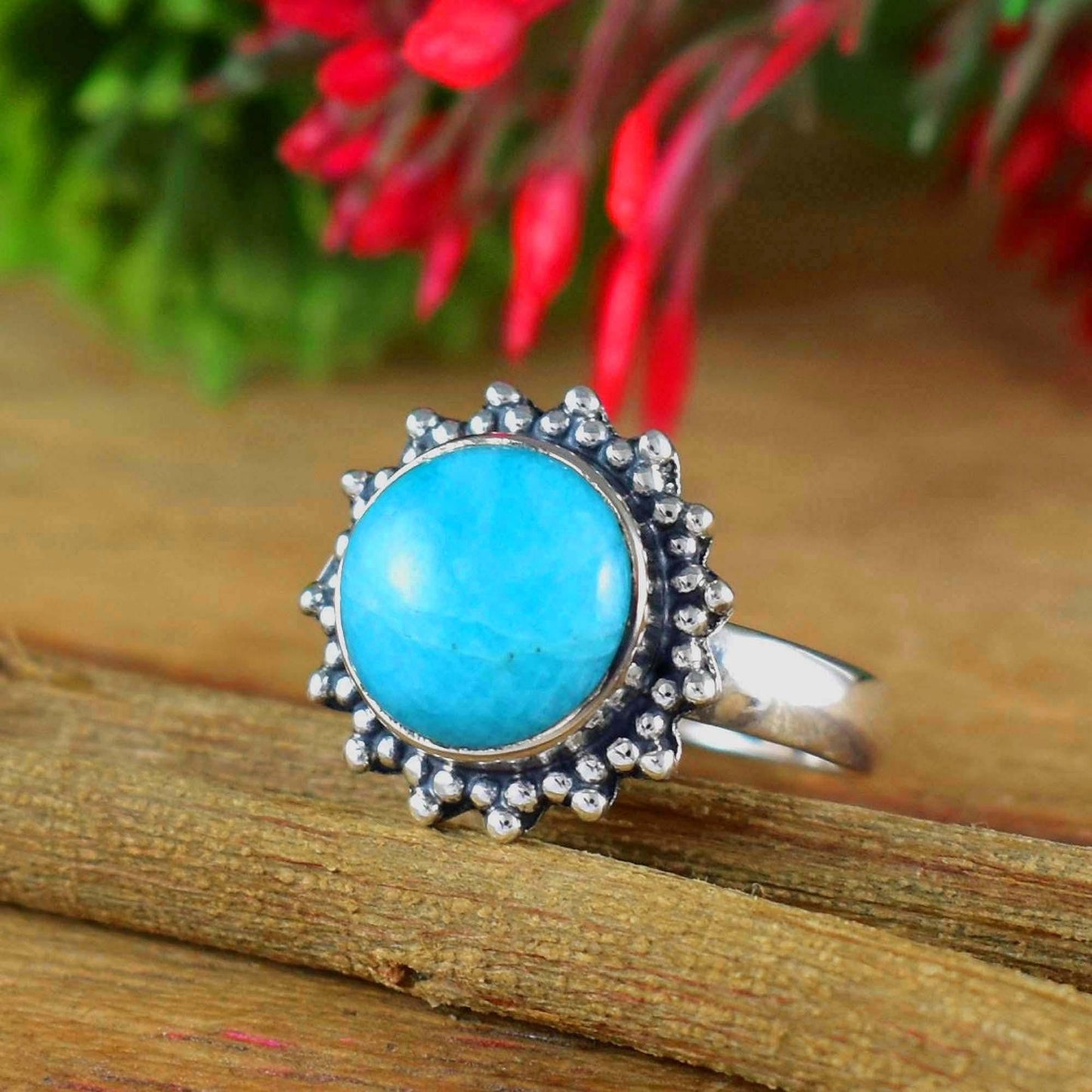 Round Aqua Blue Amazonite Bezel Ring in 925 Sterling Silver