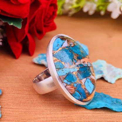 Big Oyster Copper Turquoise Statement Ring - 925 Silver Matte Finish