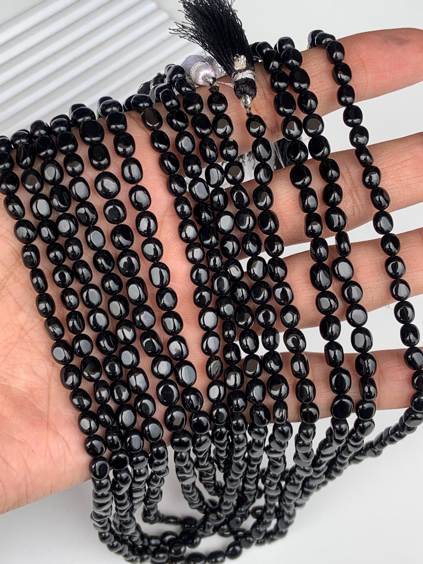 Natural Black Spinel Smooth Oval Nugget Beads Necklace