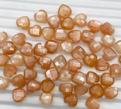 Premium Peach Moonstone Faceted Carved Heart Shape Loose Gemstone Beads, Carved Heart Shape Gemstone Briolette Gemstone Beads For Women 10mm