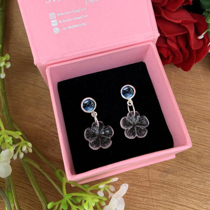 Kyanite & Carved Quartz Floral Dangle Earrings – Sterling Silver Elegance with a Touch of Nature-Inspired Beauty