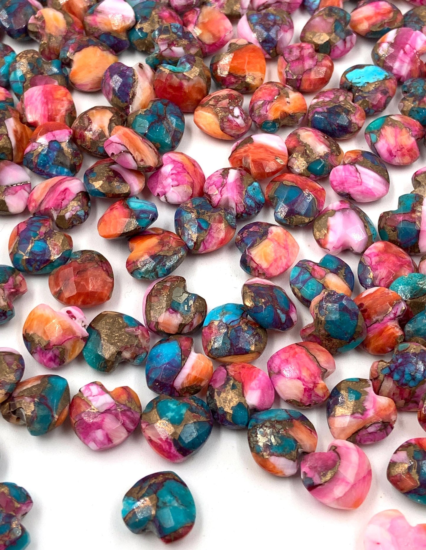Natural Pink Spiny Oyster Copper Turquoise Hand Carved Heart Shape Loose Gemstone Beads , Carved Heart Shape Gemstone Briolette Size 10mm