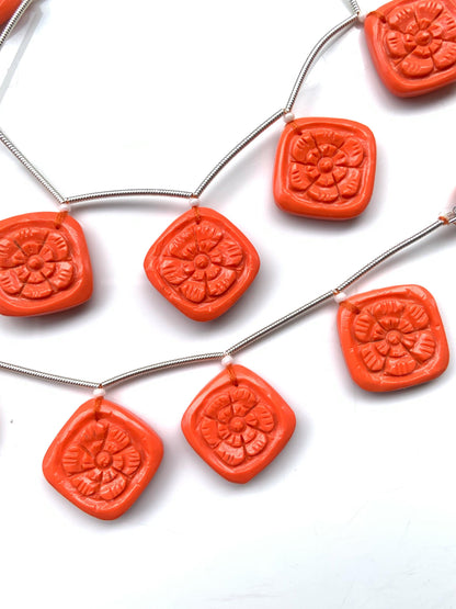 Red Coral Carved Cushion Flower Briolette Beads – 8pcs 17x17x5mm