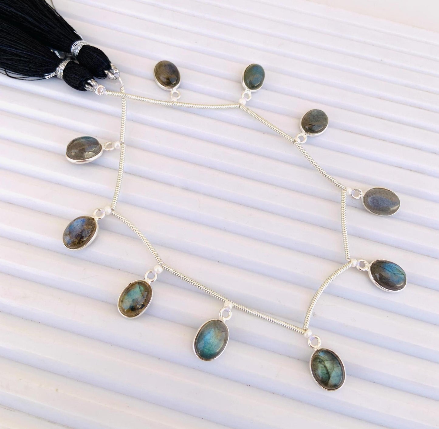 Natural Labradorite Oval Bezel Connector - 925 Silver Jewelry Finding