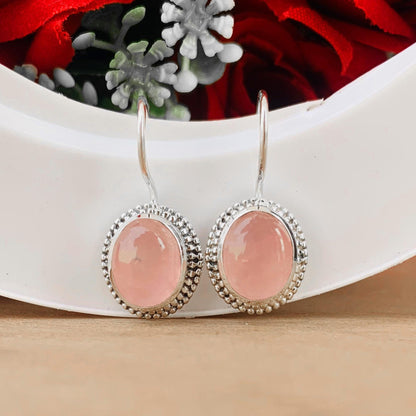 Pastel Pink Rose Quartz Silver Earrings ~ Boho Silver Jewelry For Her ~ Dangling Statement Earrings ~ Oval Shape Stone Earrings ~ E-0019