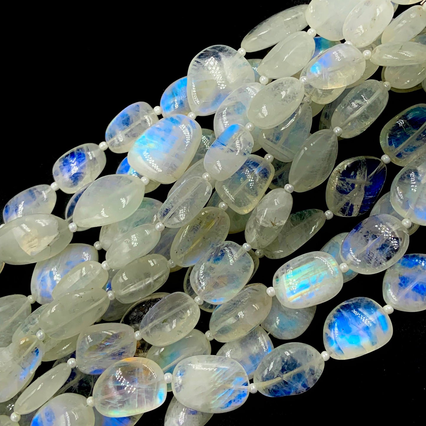 14 Pieces AAA Quality Natural White Rainbow Smooth Organic Oval  Gemstone , Blue Flashy Beads , Beads For Jewelry ,   SKU - 202