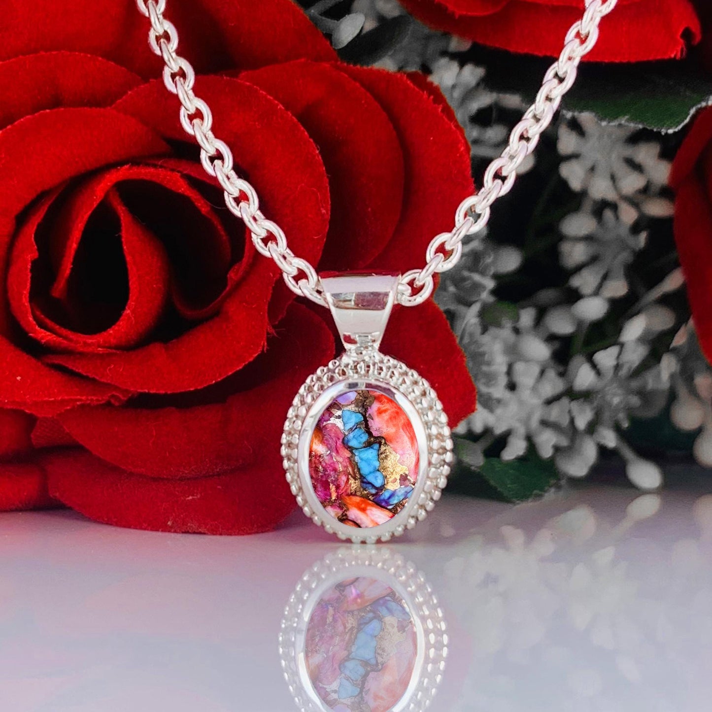 Pink Dahlia Turquoise Necklace – Dainty Silver Boho Pendant, Gift for Her