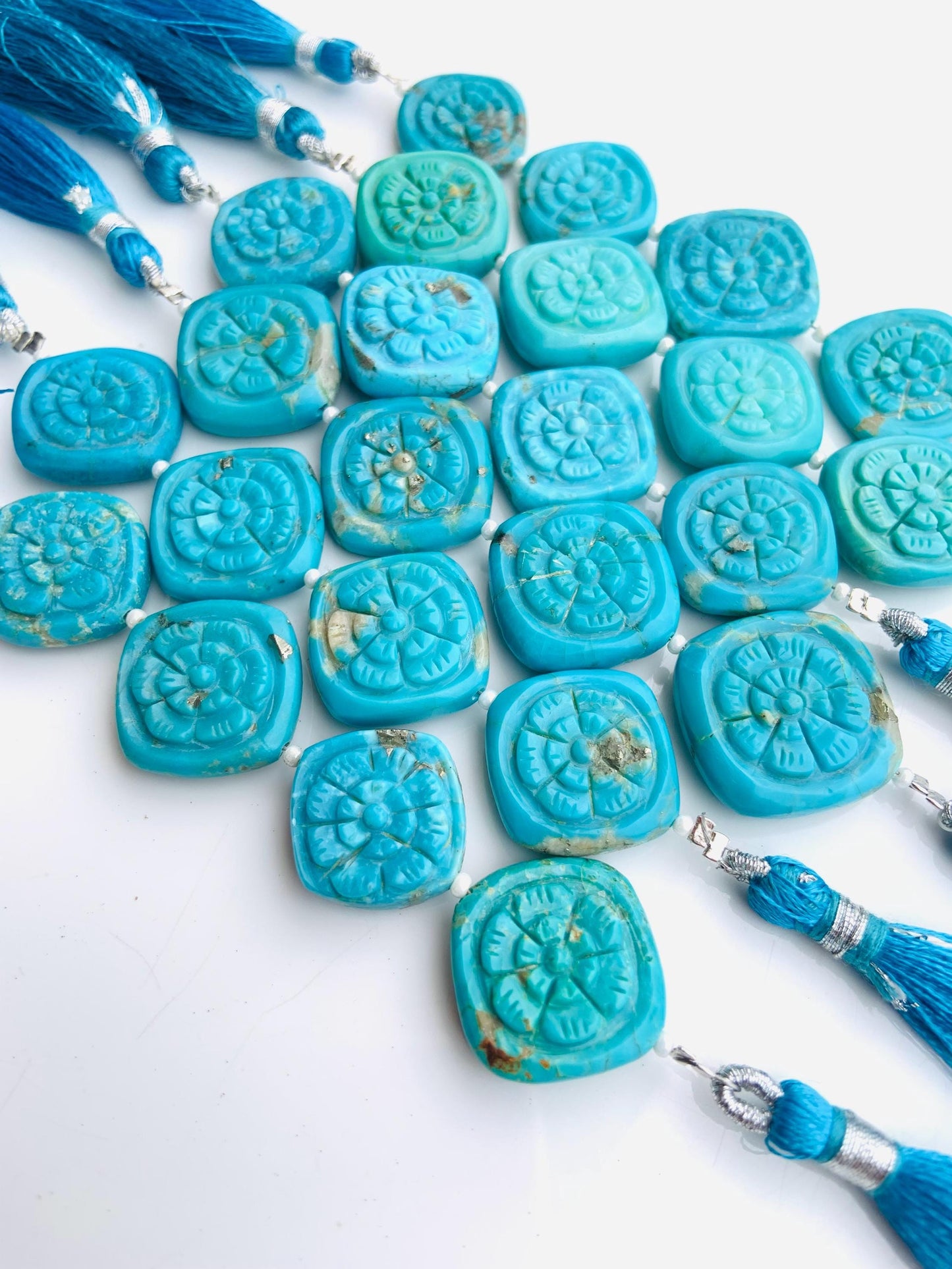 4 Pcs Natural Arizona Turquoise Carved Cushion Flower Briolette Beads 17x17mm