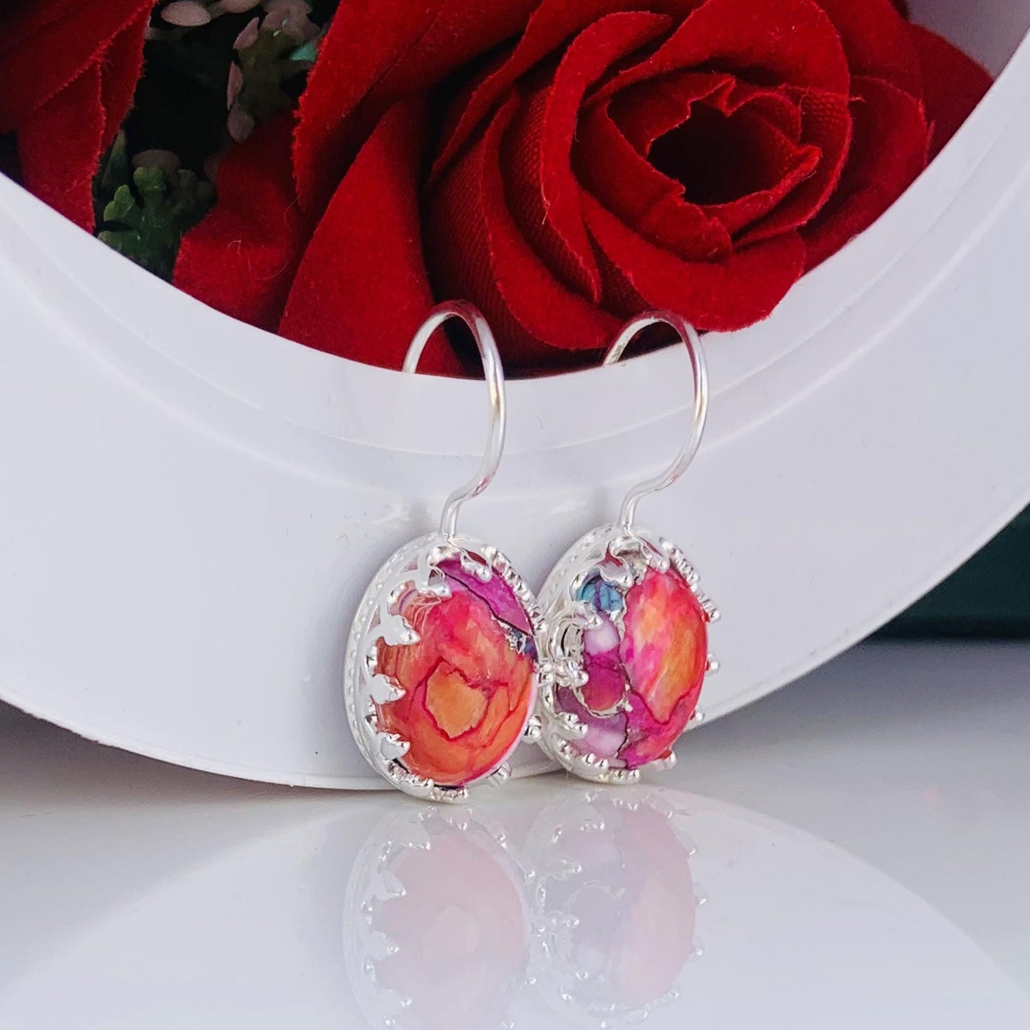 Kingman Pink Dahlia Turquoise Earrings ~ 925 Sterling Silver Jewelry ~ Designer Boho Silver Earrings ~ Gift For Her ~ Wedding Gift ~ E-0015