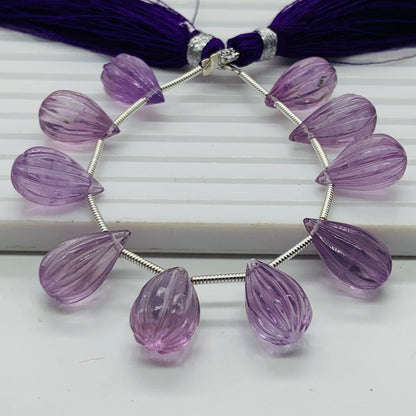Natural Pink Amethyst Carved Drops Beads - Faceted Gemstone 10 Pcs