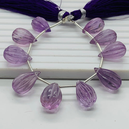 Natural Pink Amethyst Carved Drops Beads - Faceted Gemstone 10 Pcs
