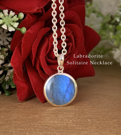 Labradorite Solitaire Necklace – Dainty Gold Vermeil or Sterling Silver Pendant